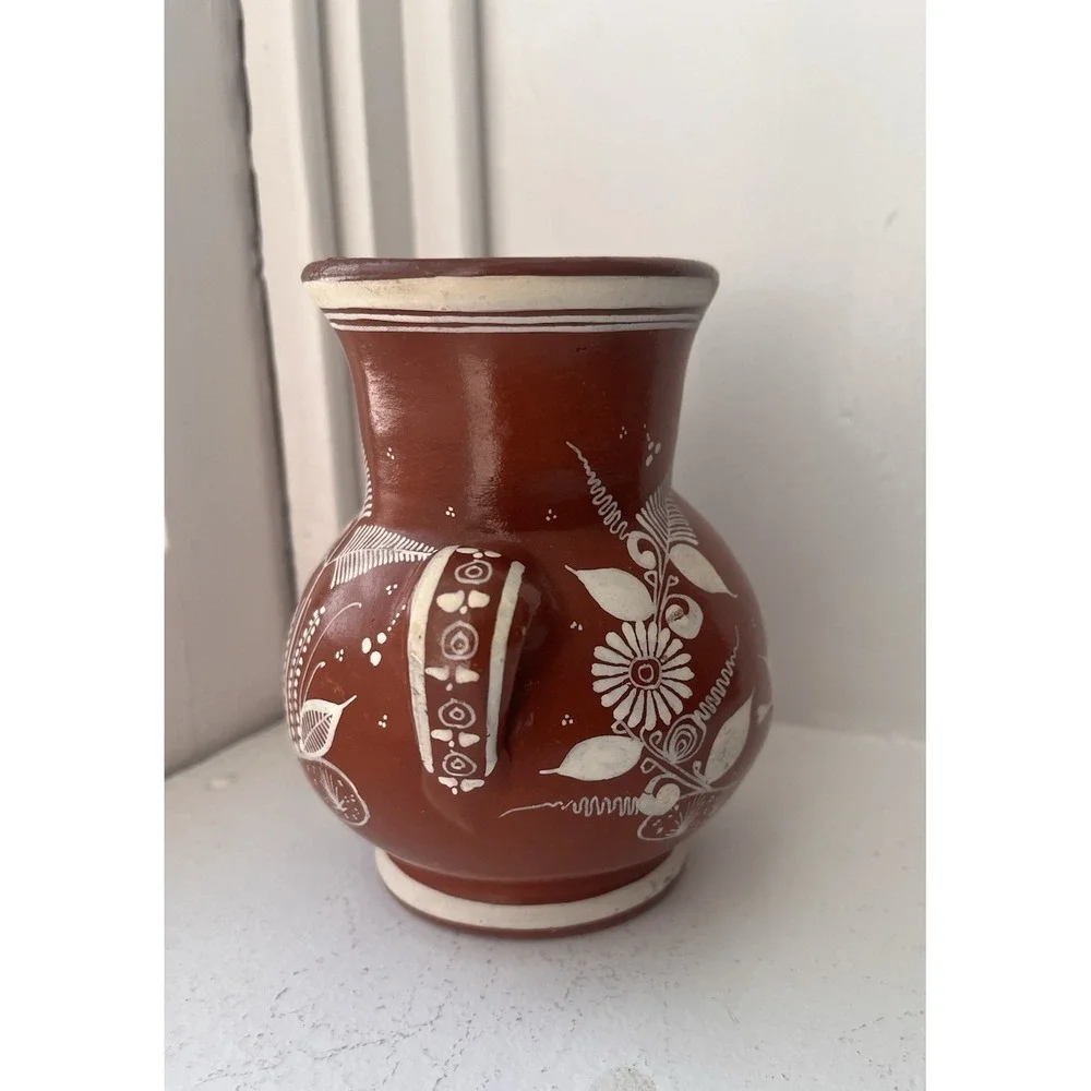 Vintage Handmade Mexican Pottery Vase Bird Flower Deer Signed J.‎ Pila Red Clay